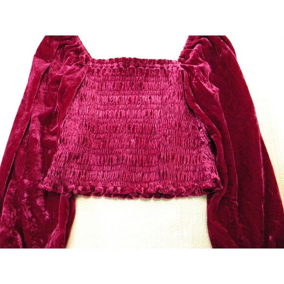 Anthropologie Velvet Smocked Peasant Blouse Long Sleeve Magenta Pink Crop Medium - Picture 2 of 5